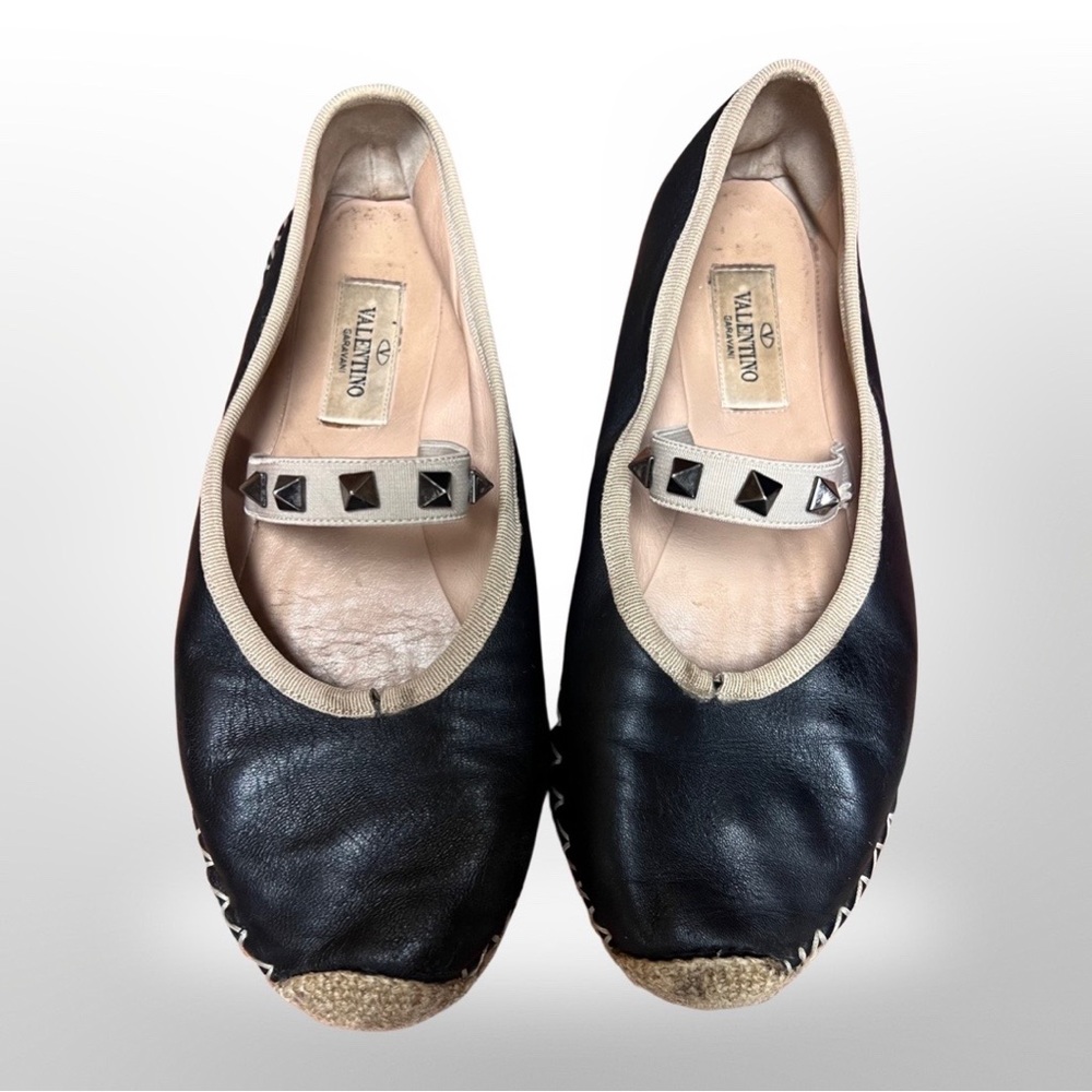 Valentino Black Rockstud Accents Leather Espadrilles